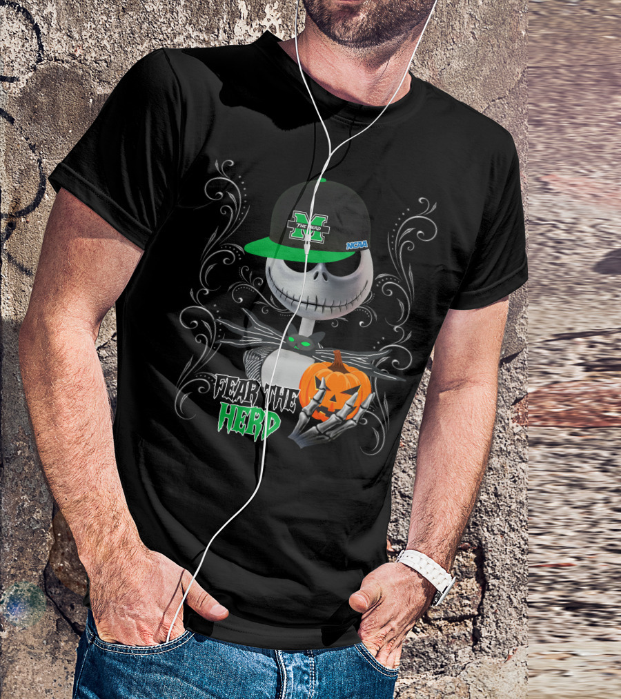 Marshall Thundering Herd Fear The Herd Halloween NCAA Skeleton With Pumpkin T-Shirt