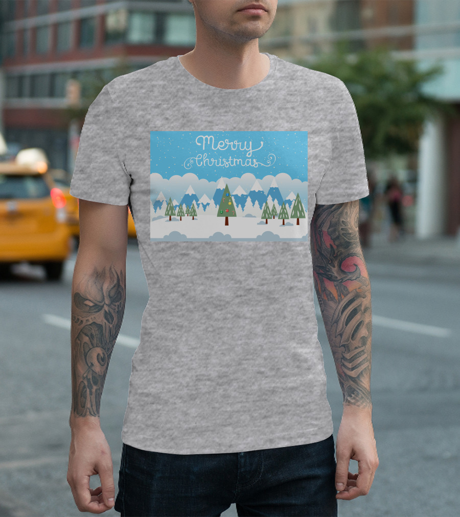 Merry Christmas Snowy Mountain Landscape with Decorated Tree T-Shirt