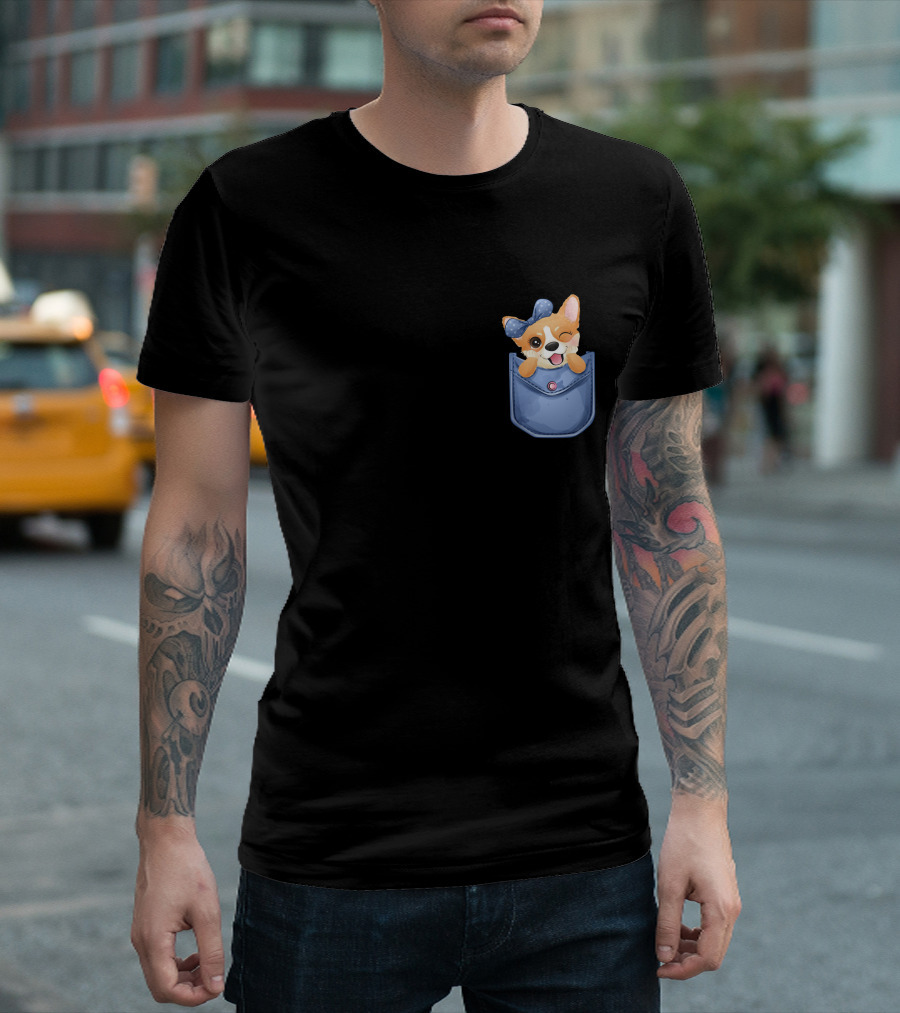 Corgi in Blue Pocket with Winking Bow T-Shirt