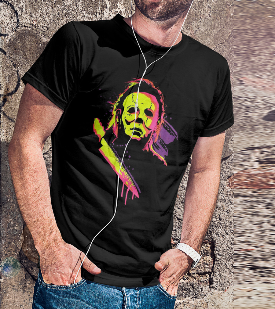 Halloween Michael Myers Neon Horror Mask Knife T-Shirt