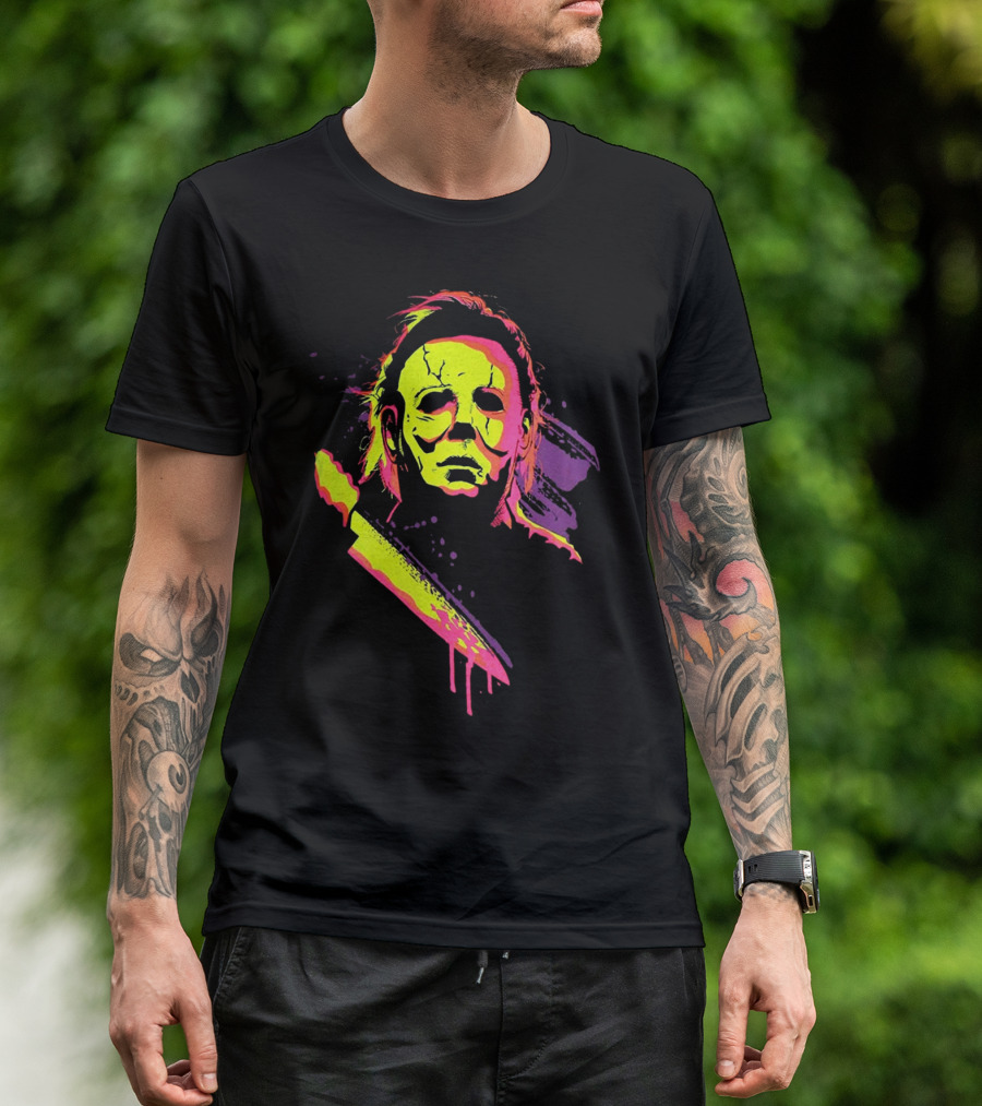 Halloween Michael Myers Neon Horror Mask Knife T-Shirt