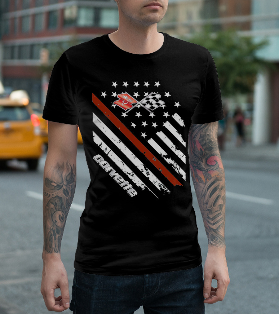Corvette C3 American Flag Vintage Racing Stripes and Emblems T-Shirt