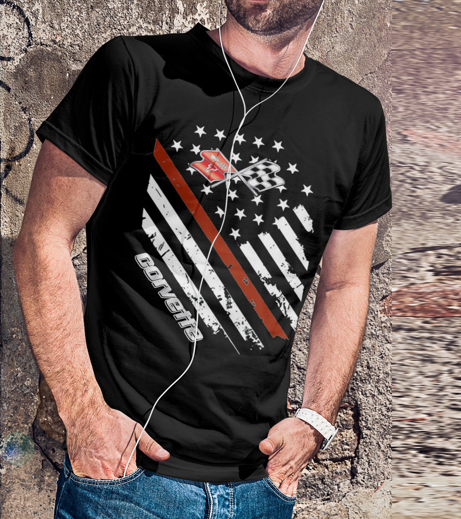 Corvette C3 American Flag Vintage Racing Stripes And Emblems T-Shirt