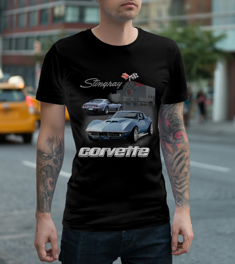 Stingray Corvette Classic C3 At Museum With Racing Flag Emblem T-Shirt