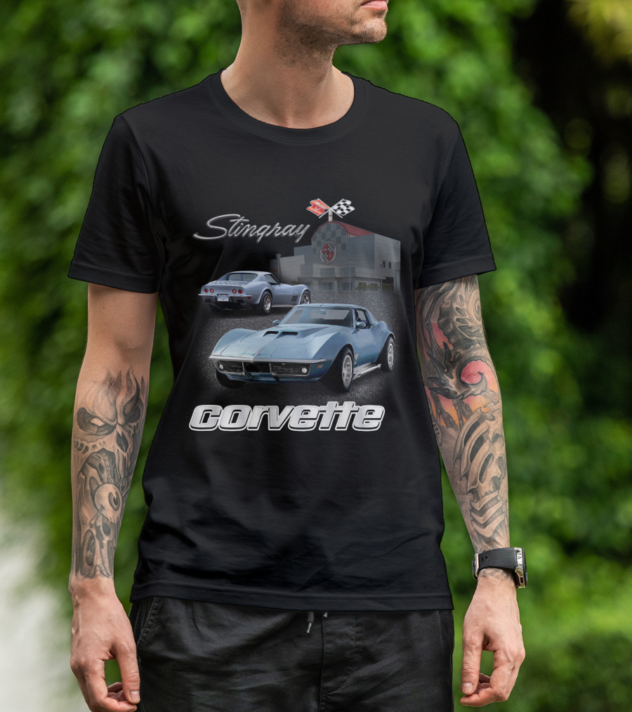 Stingray Corvette Classic C3 At Museum With Racing Flag Emblem T-Shirt