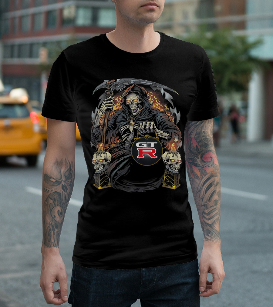 Nissan GTR01 Skeleton with Scythe and Flaming Skulls Retro T-Shirt