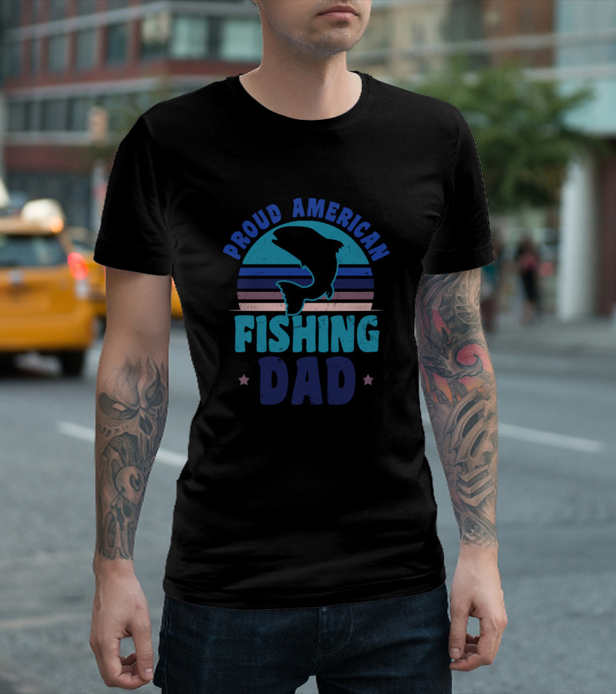 Proud American Fishing Dad Silhouette Retro Sunset T-Shirt