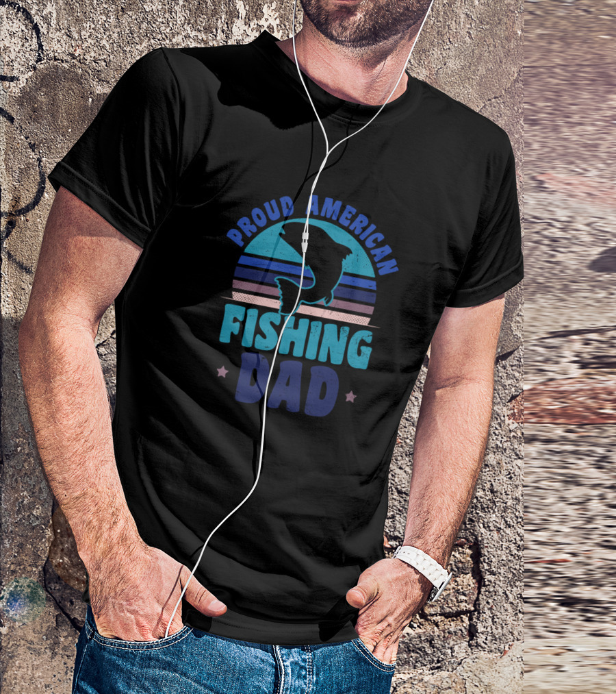 Proud American Fishing Dad Silhouette Retro Sunset T-Shirt