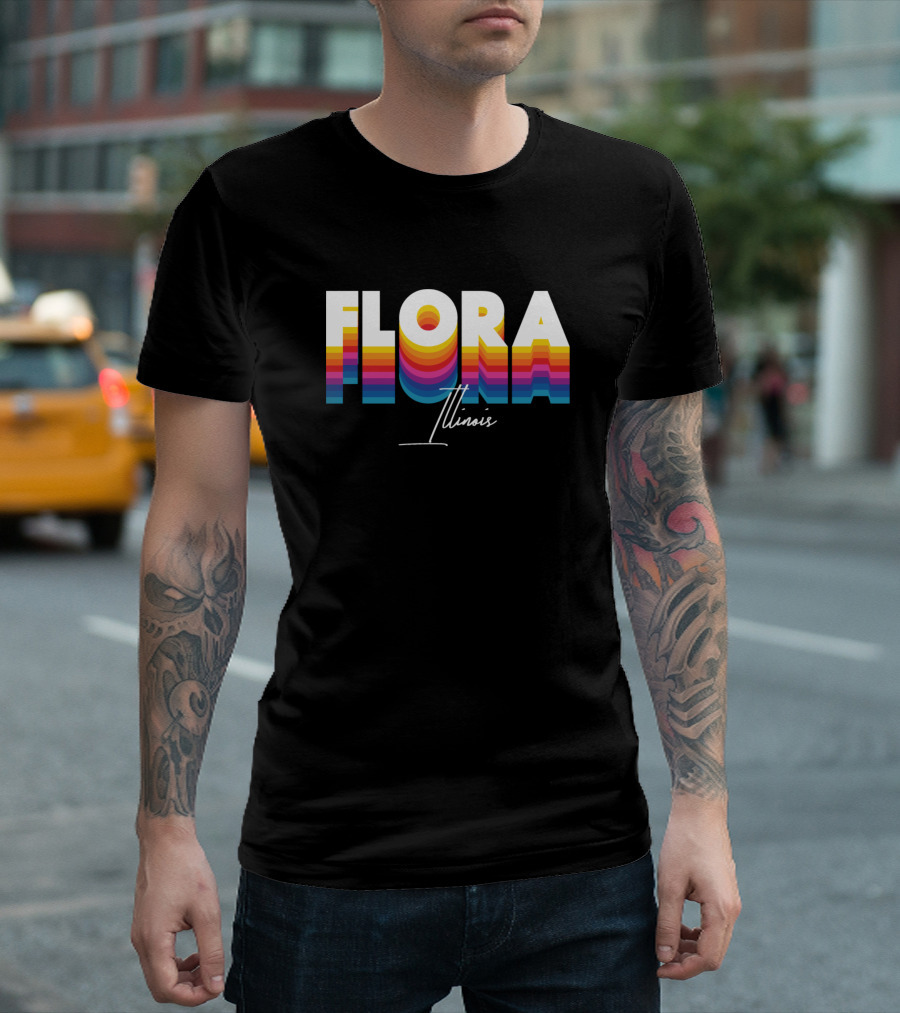 Flora Illinois Retro Vintage Clothing Cust Multicolored Typography T-Shirt