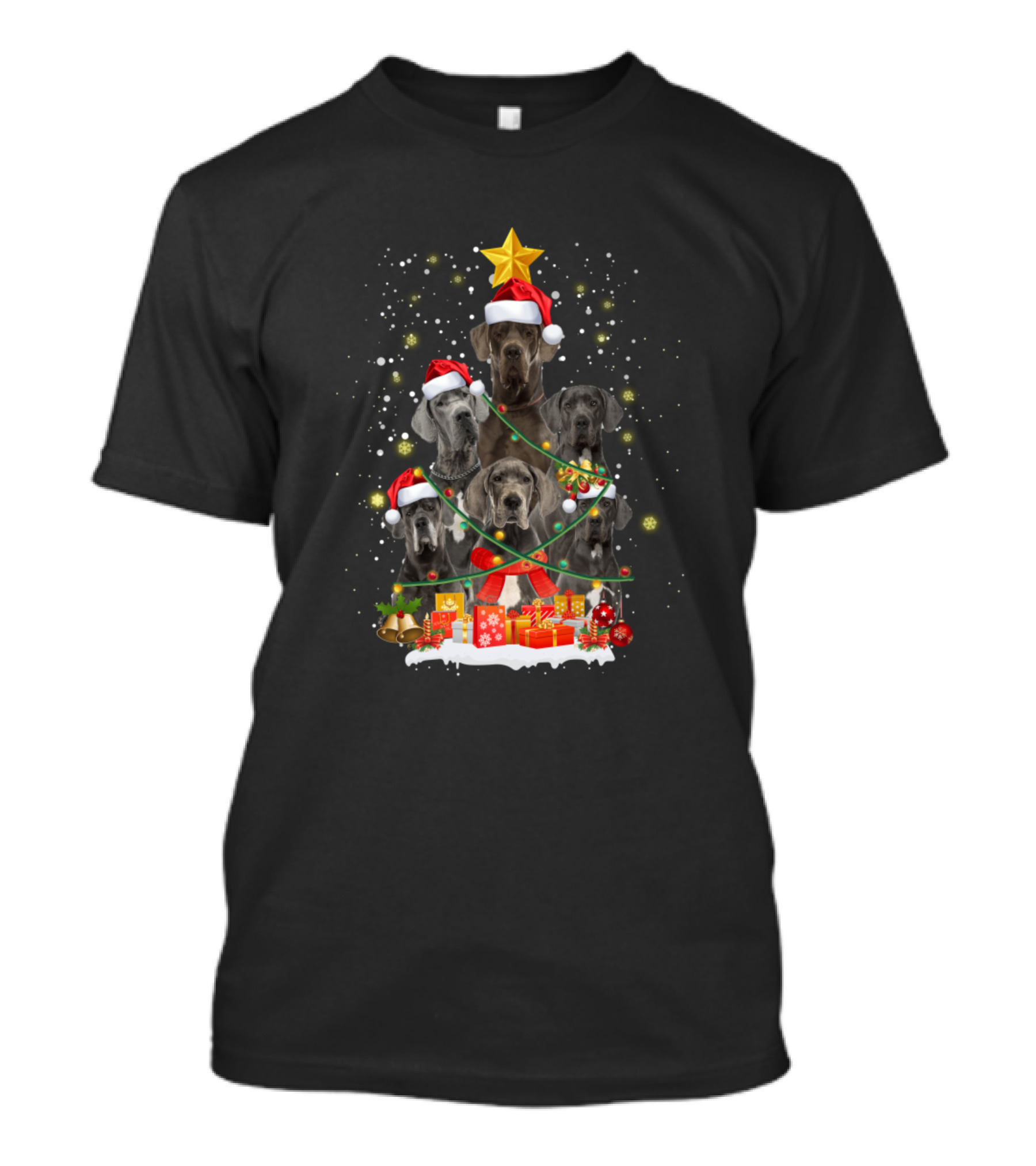 Great Dane Dogs Santa Hats Christmas Tree With Gifts T-Shirt