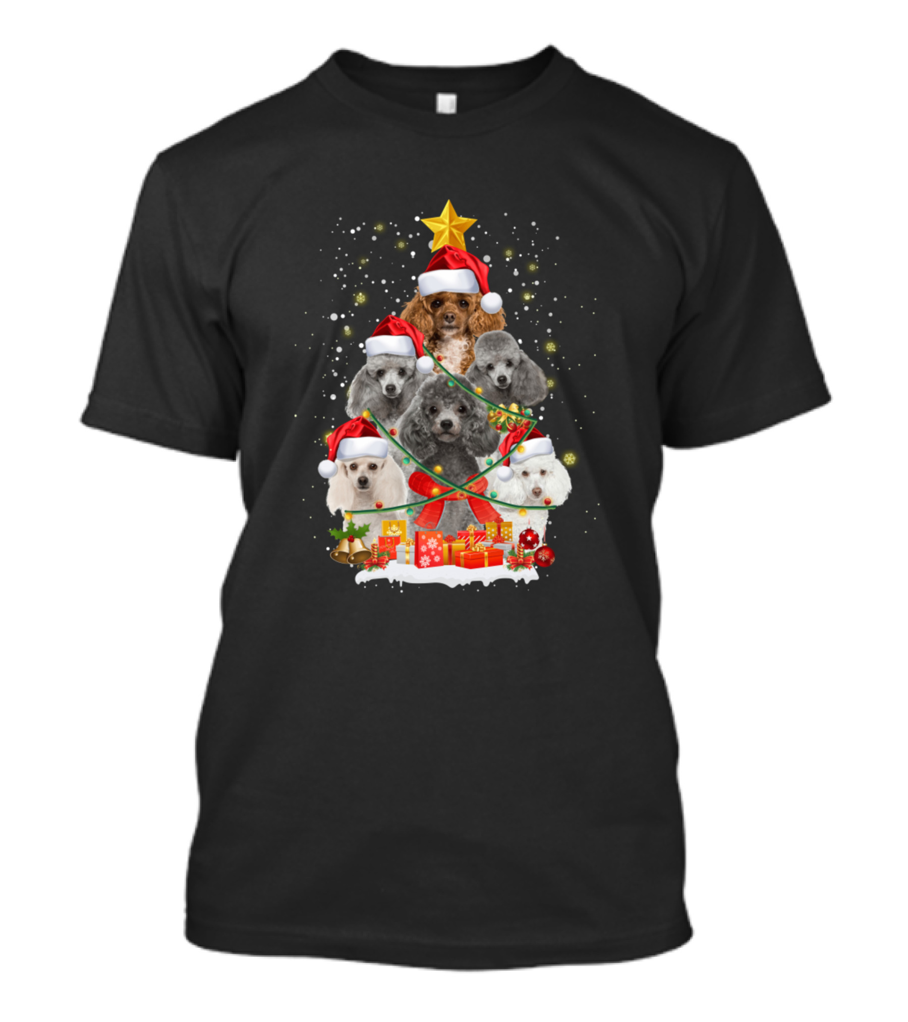 Poodle Dogs In Santa Hats With Christmas Tree And Presents T-Shirt