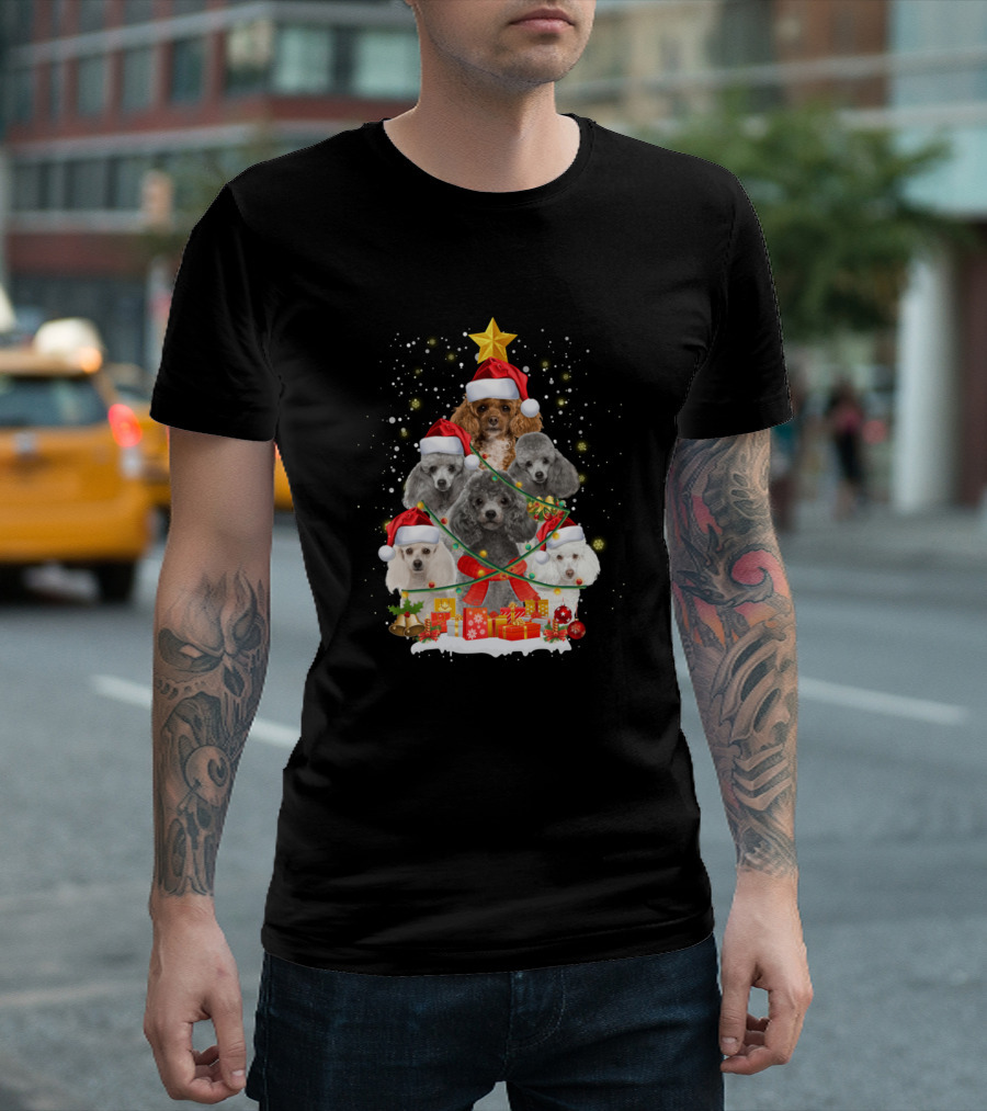 Poodle Dogs In Santa Hats With Christmas Tree And Presents T-Shirt