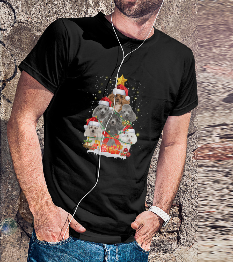Poodle Dogs In Santa Hats With Christmas Tree And Presents T-Shirt