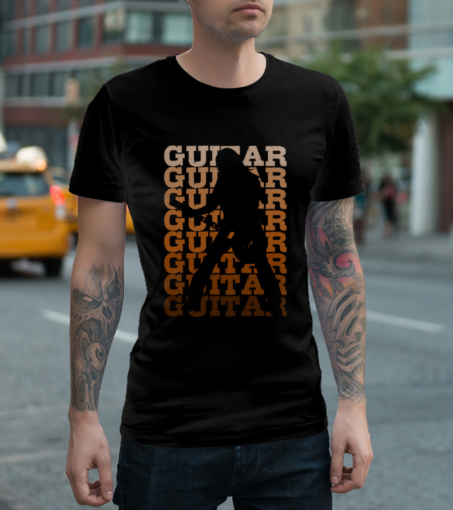 Guitar Player Silhouette with Repeated Guitar Text T-Shirt