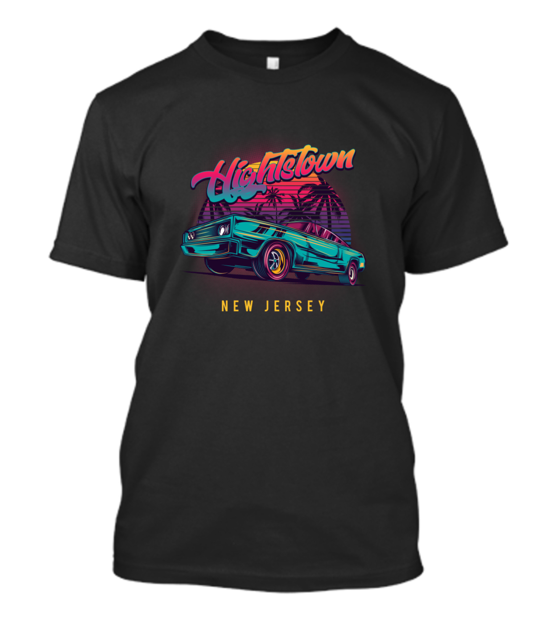 Hightstown New Jersey Retro Vintage Muscle Car With Sunset And Palm Trees T-Shirt
