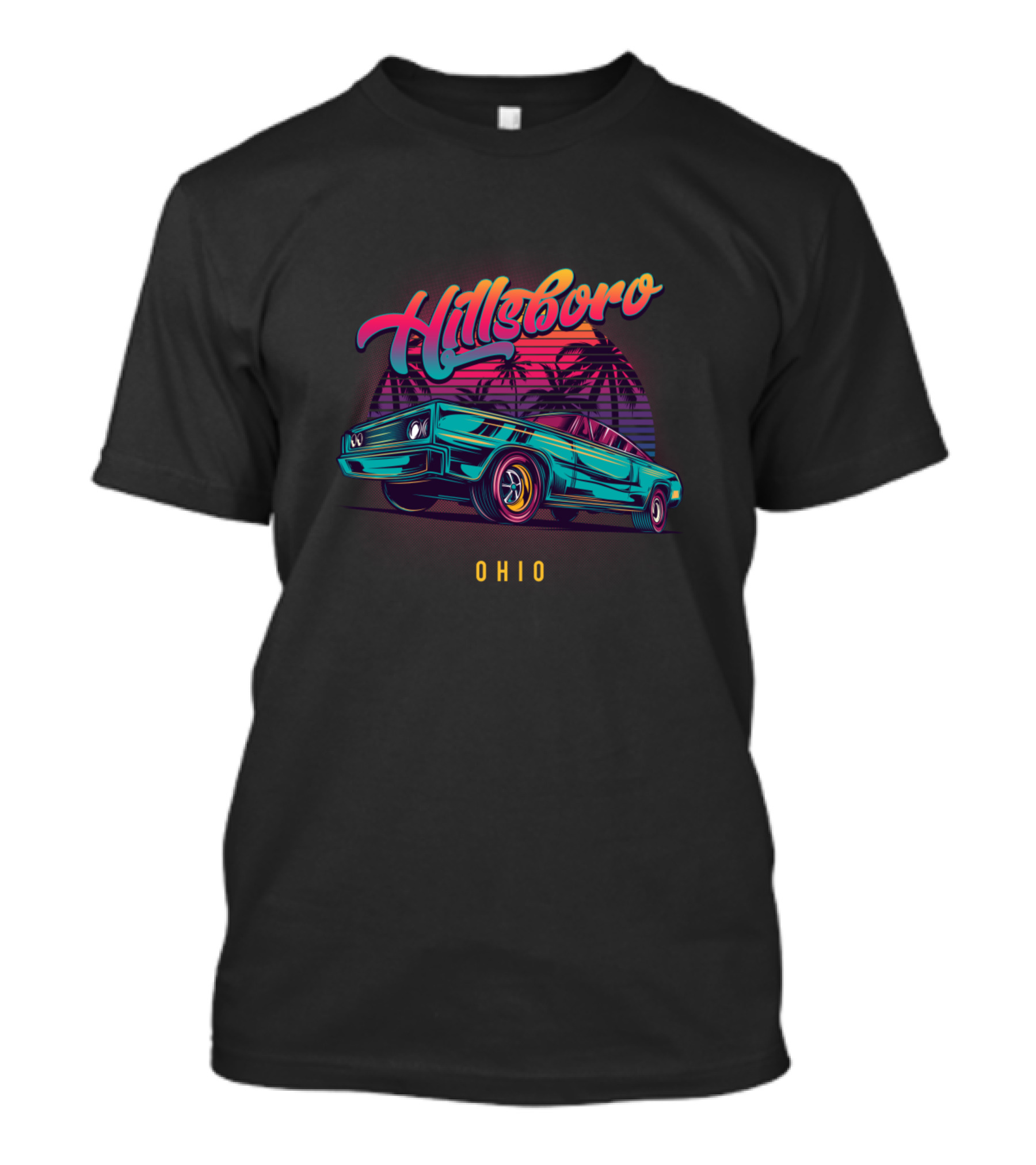 Hillsboro Ohio Retro Vintage Muscle Cars With Palm Trees Background T-Shirt