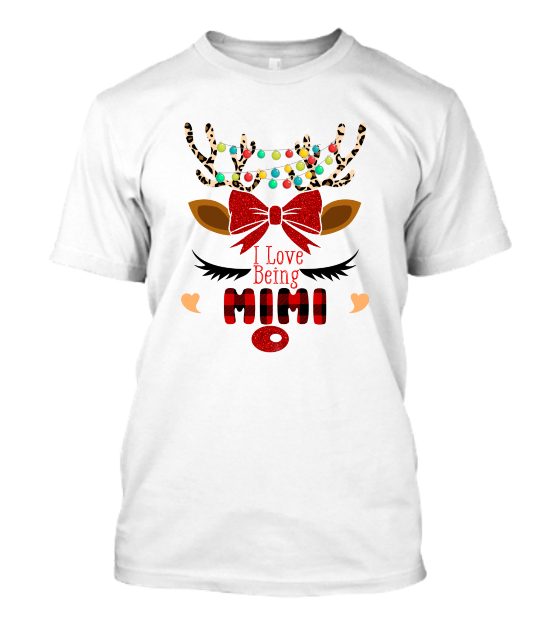 I Love Being Mimi Funny Christmas Deer With Lights And Plaid Nose T-Shirt