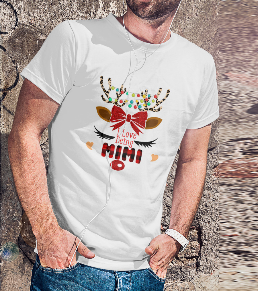 I Love Being Mimi Funny Christmas Deer With Lights And Plaid Nose T-Shirt