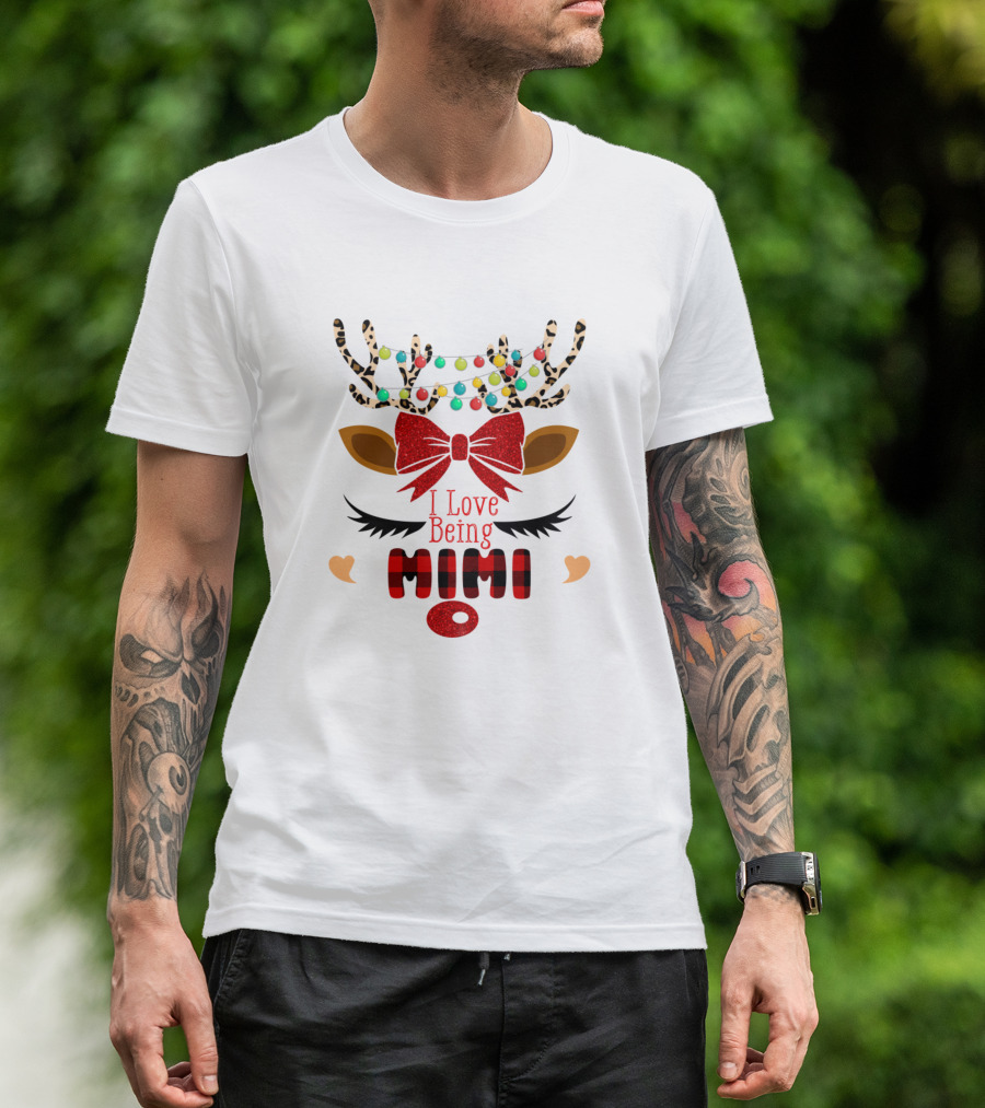 I Love Being Mimi Funny Christmas Deer With Lights And Plaid Nose T-Shirt