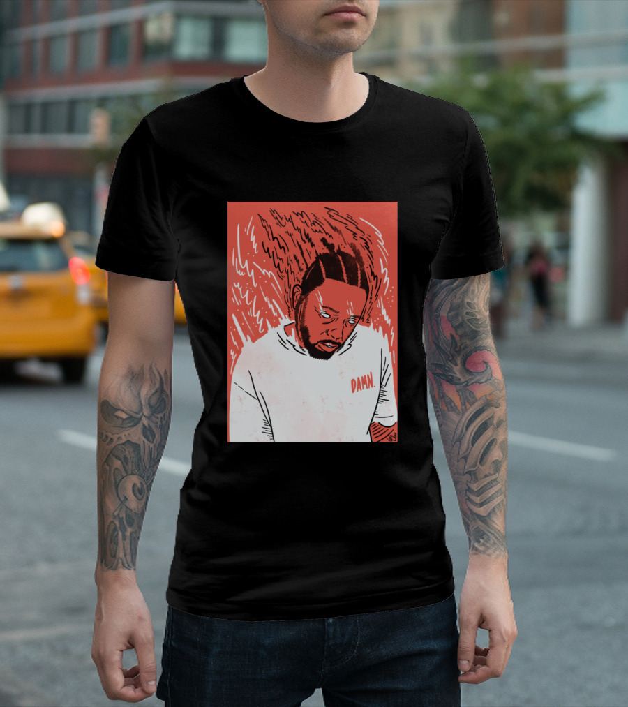 Kendrick Damn Red Sketch With Flaming Hair And White T-Shirt