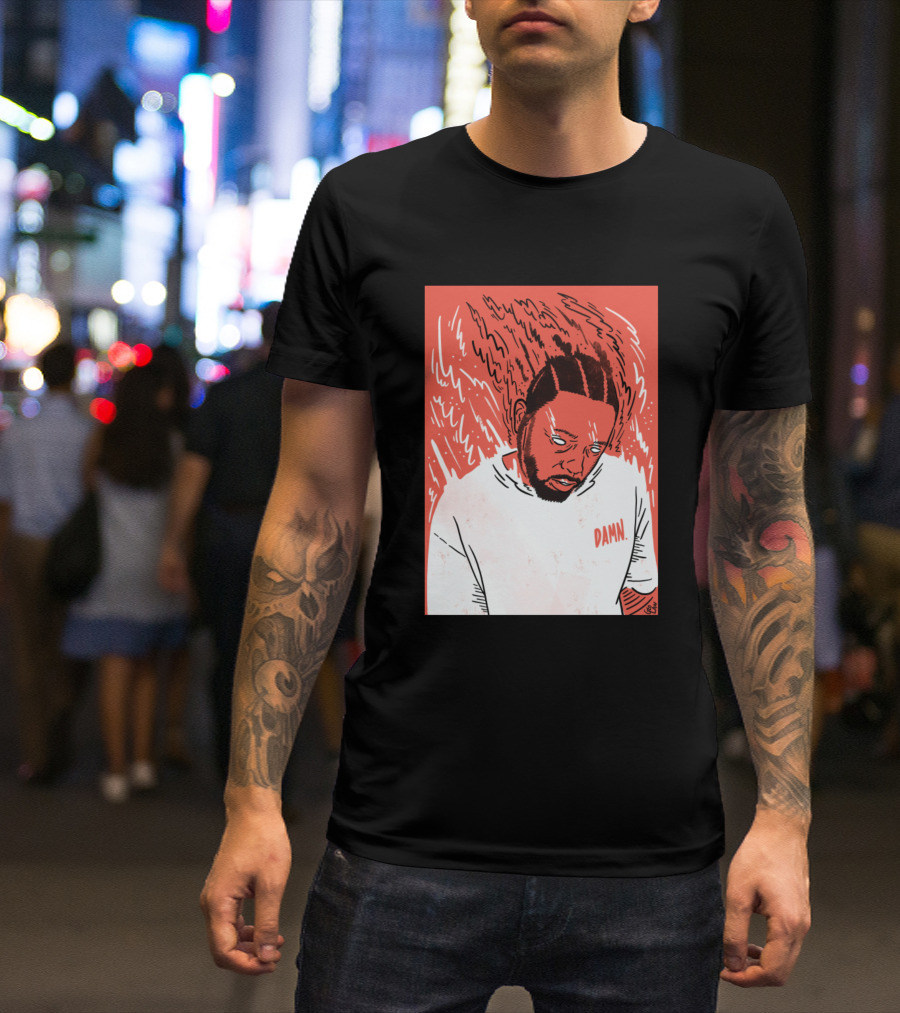 Kendrick Damn Red Sketch With Flaming Hair And White T-Shirt