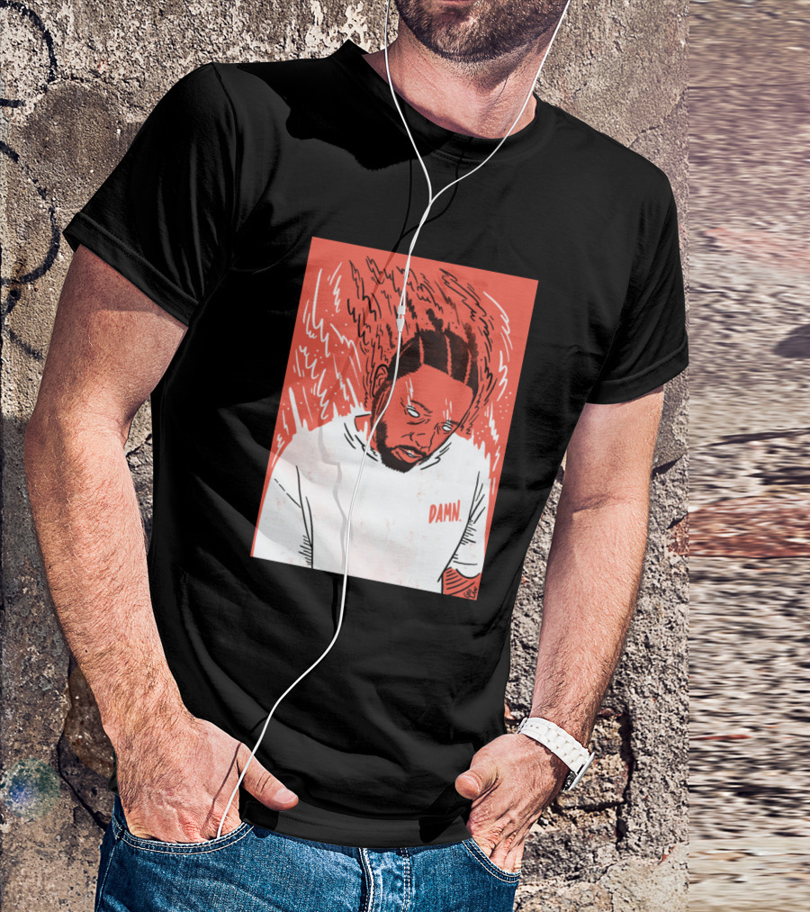Kendrick Damn Red Sketch With Flaming Hair And White T-Shirt