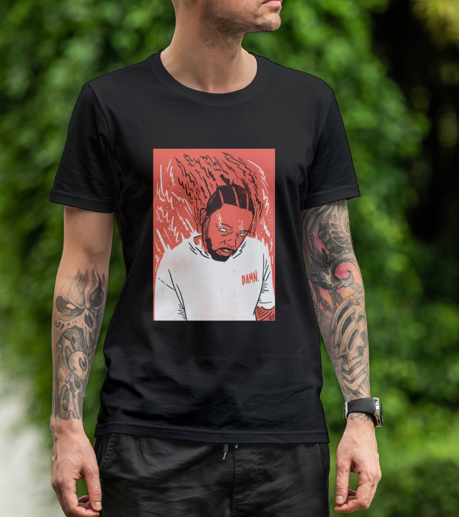 Kendrick Damn Red Sketch With Flaming Hair And White T-Shirt