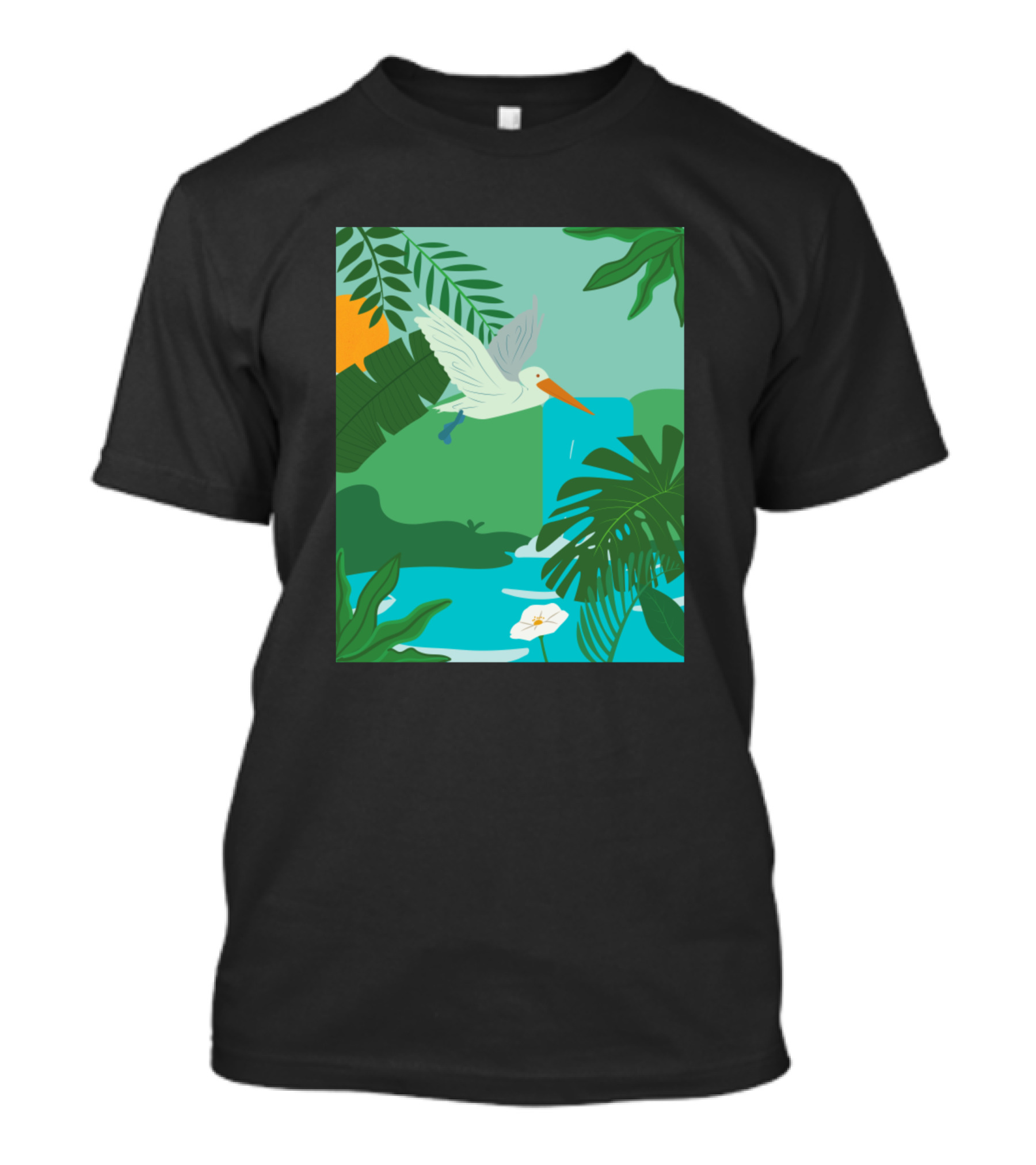Lush Waterfall Tropical Paradise With Flying Bird And Exotic Plants T-Shirt