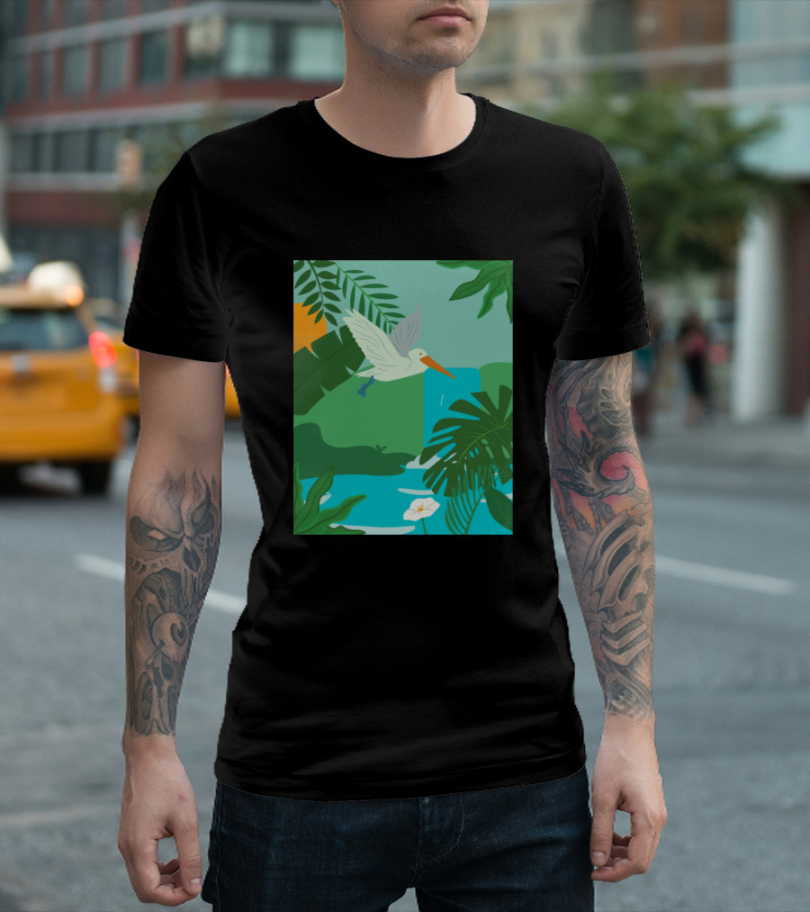 Lush Waterfall Tropical Paradise With Flying Bird And Exotic Plants T-Shirt