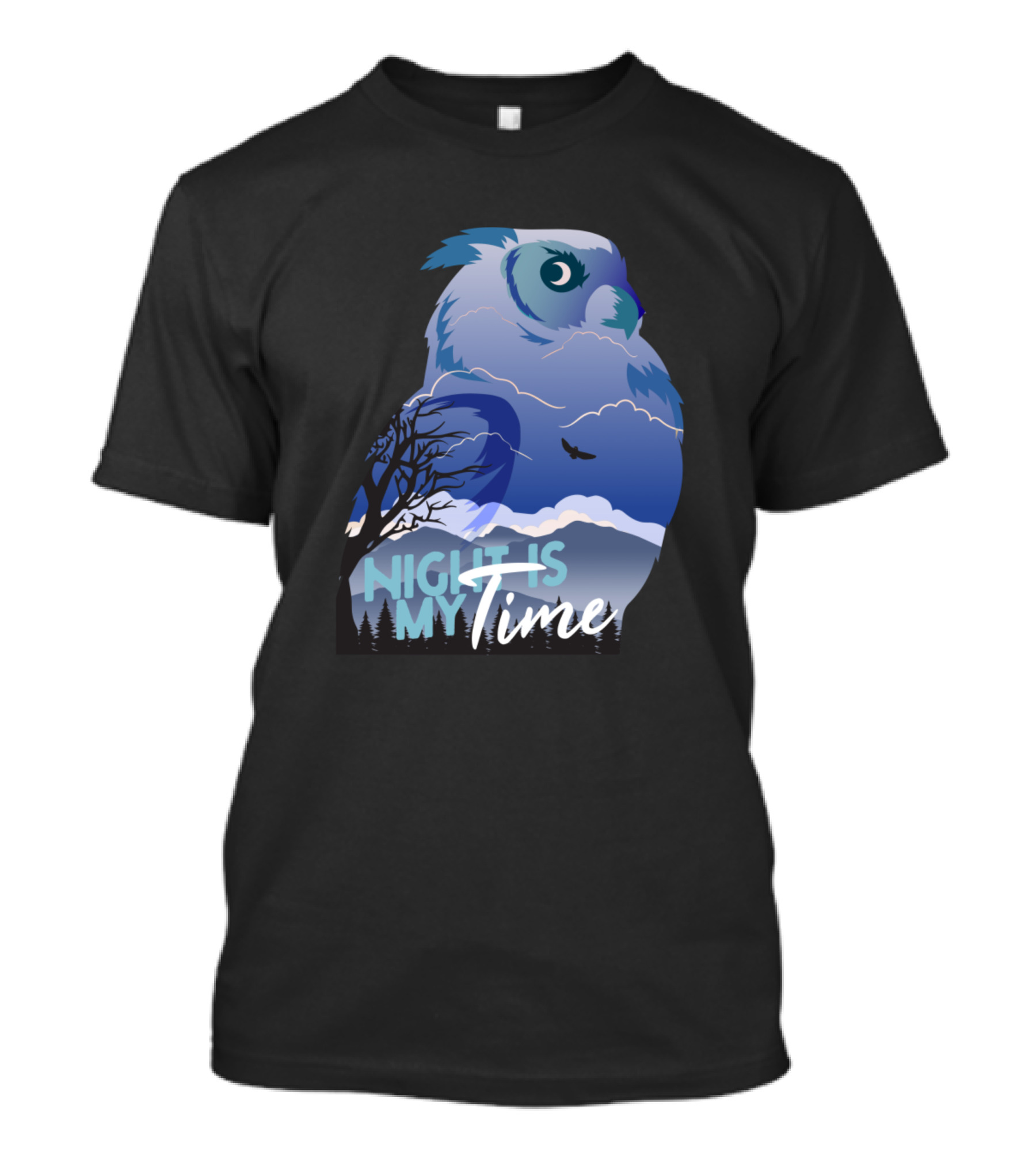Night Is My Time Owl With Moonlit Sky And Flying Bird T-Shirt