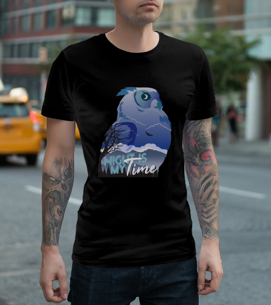 Night Is My Time Owl With Moonlit Sky And Flying Bird T-Shirt