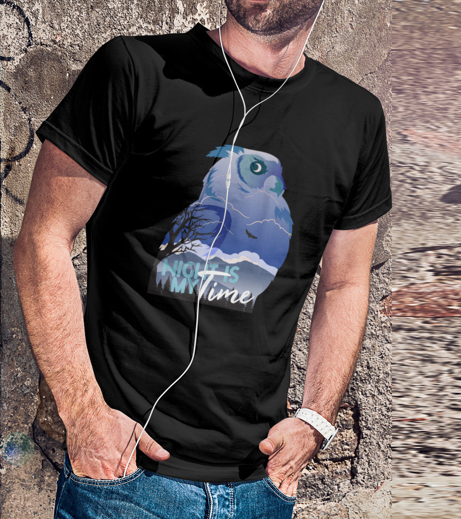 Night Is My Time Owl With Moonlit Sky And Flying Bird T-Shirt