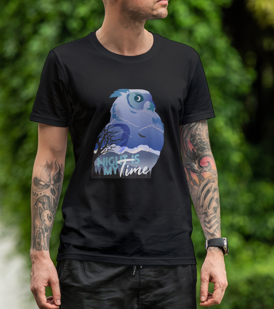Night Is My Time Owl With Moonlit Sky And Flying Bird T-Shirt