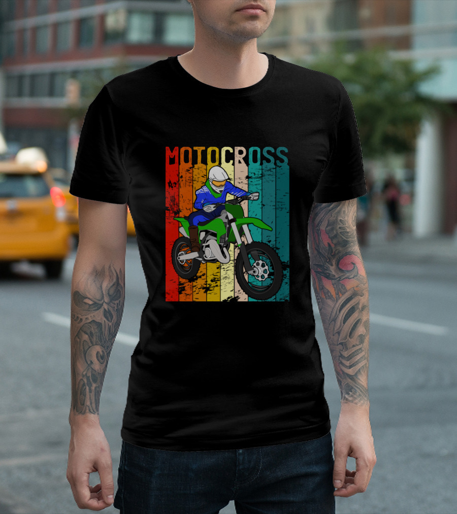 Motocross Retro Racing Vintage Dirt Bike Rider Multicolor Stripes T-Shirt