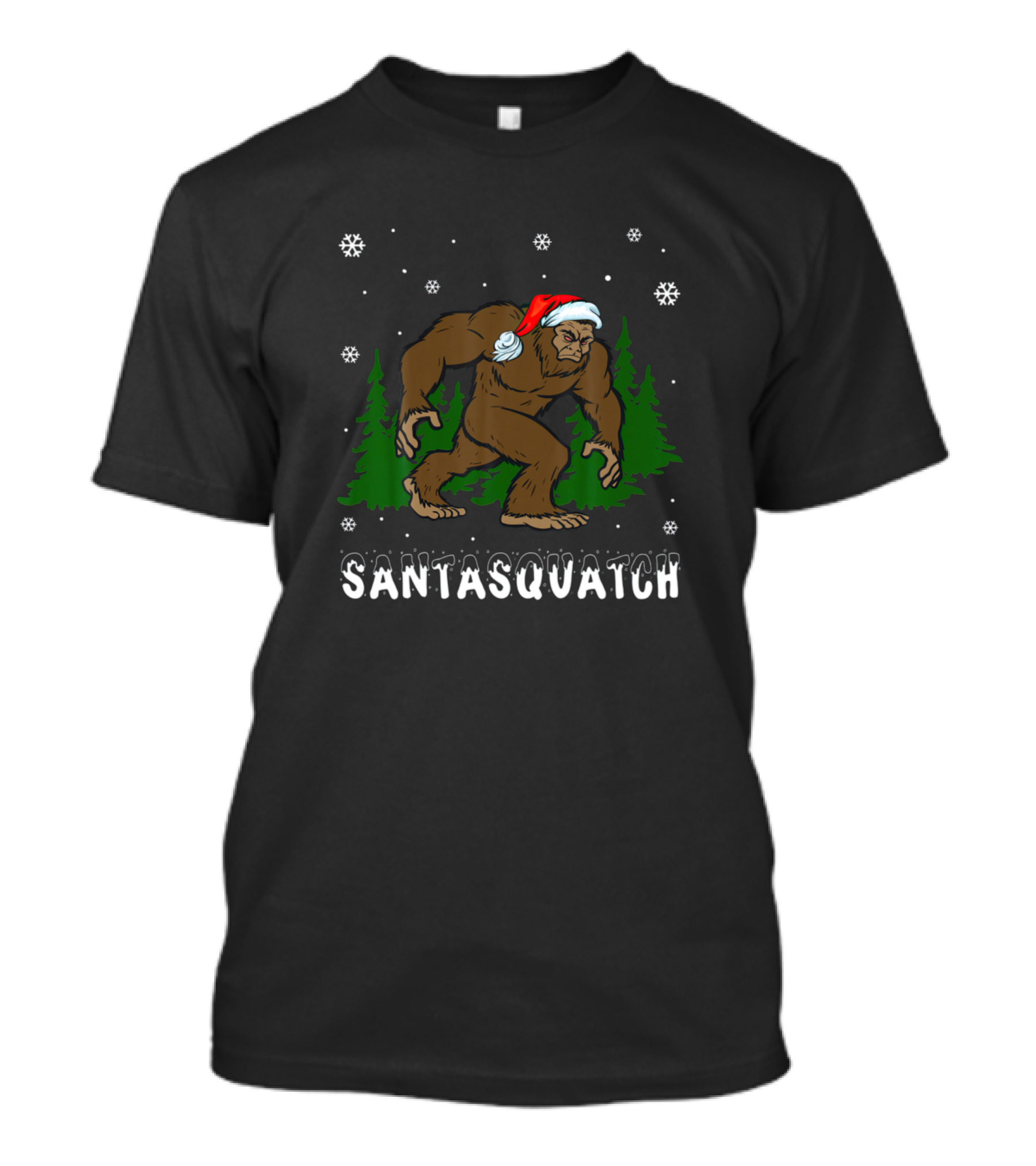 Santasquatch Funny Christmas Bigfoot Sasquatch With Santa Hat In Snowy Forest T-Shirt