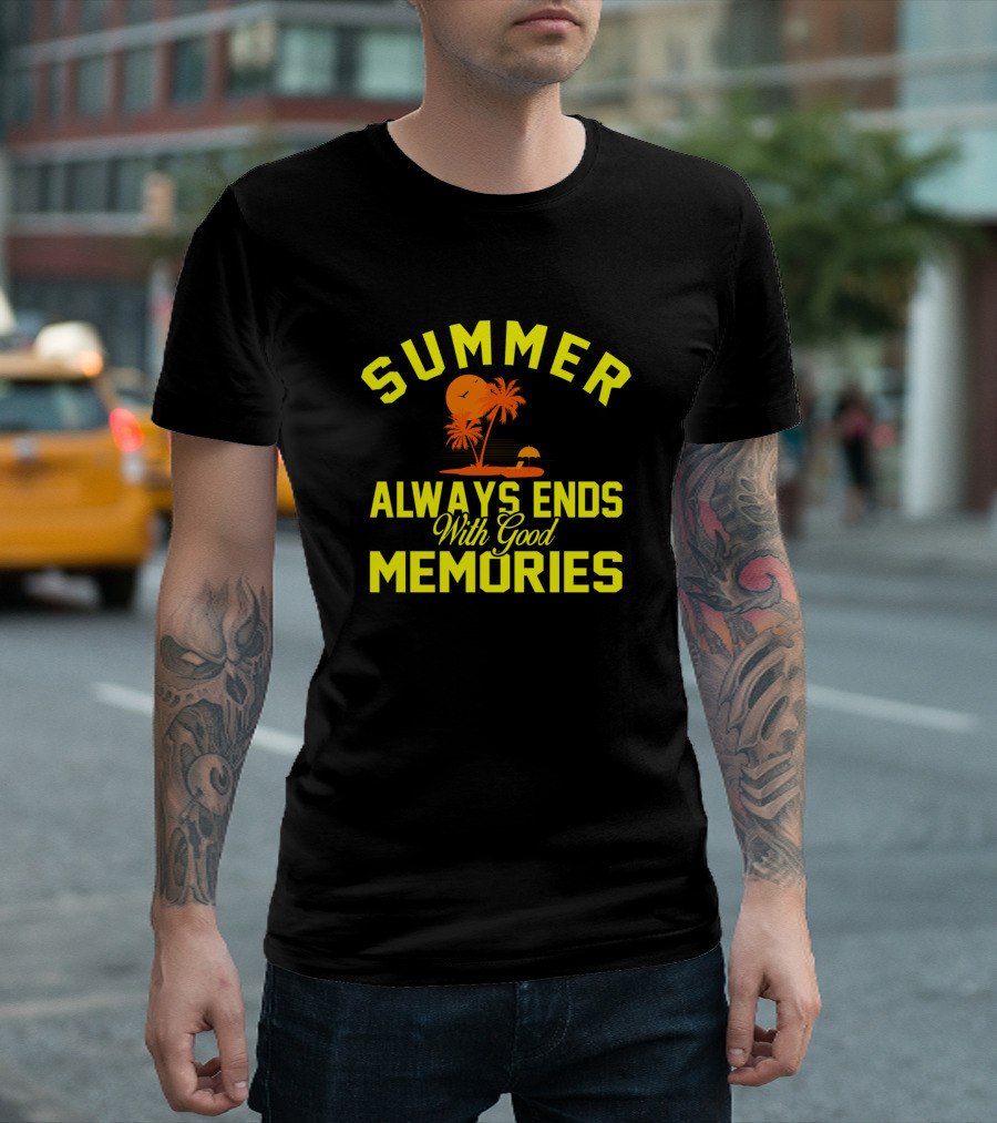 Summer Always Ends With Good Memories Sunset Palm Trees Beach Scene T-Shirt