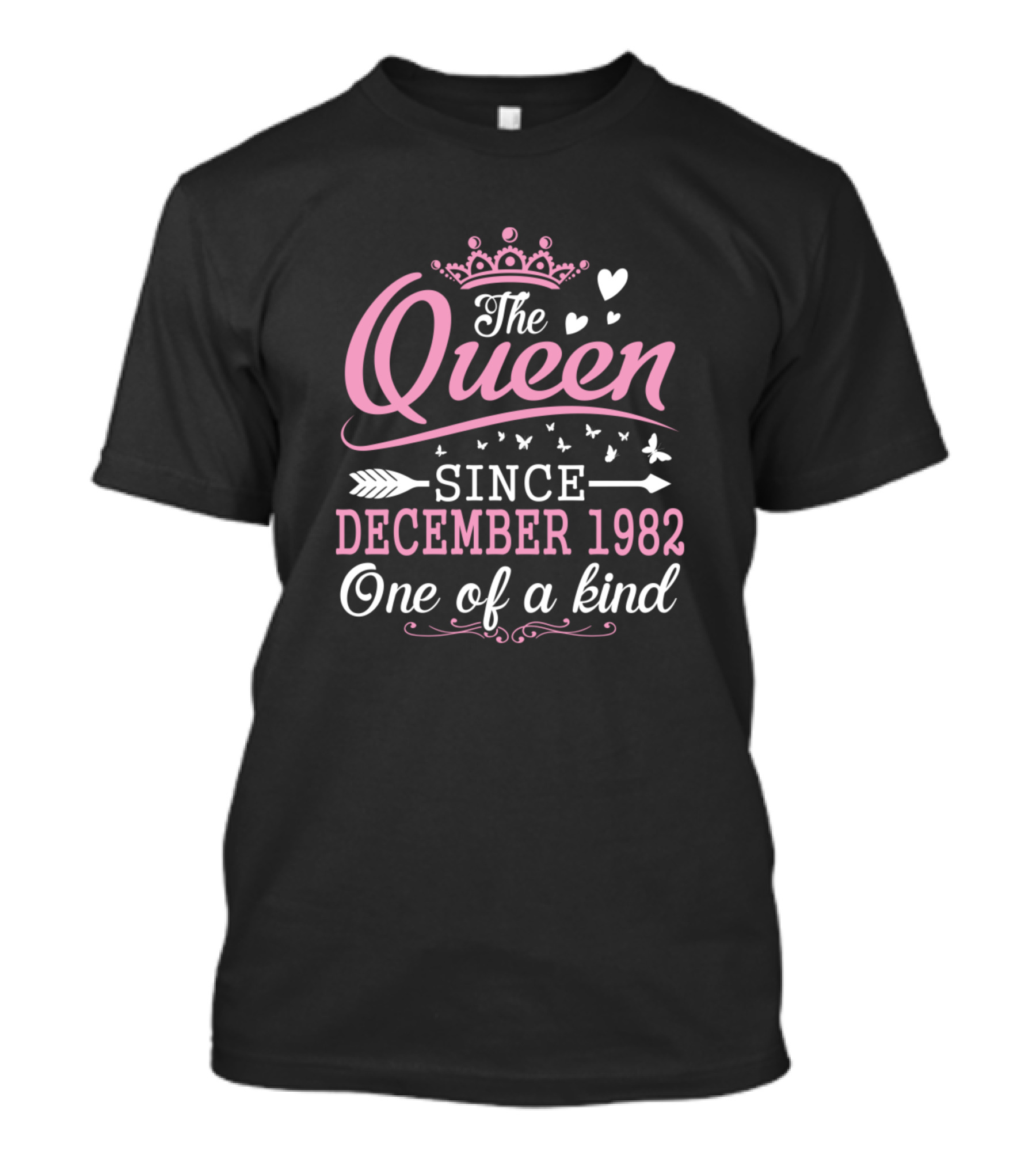 The Queen Since December 1982 One Of A Kind Hearts And Butterflies Crown T-Shirt
