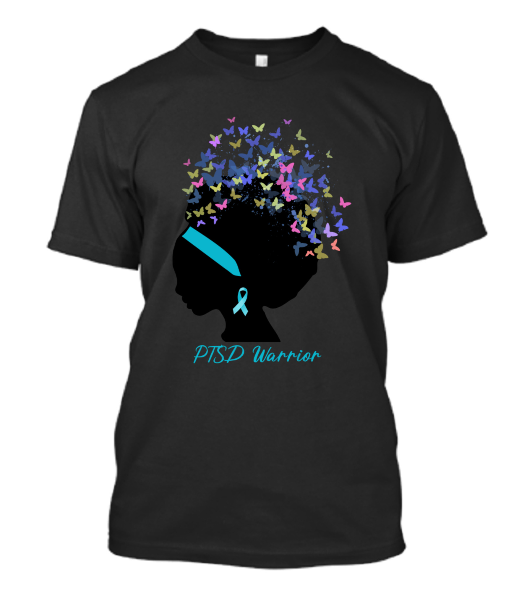 PTSD Warrior Black Women Silhouette With Butterfly Afro And Awareness T-Shirt