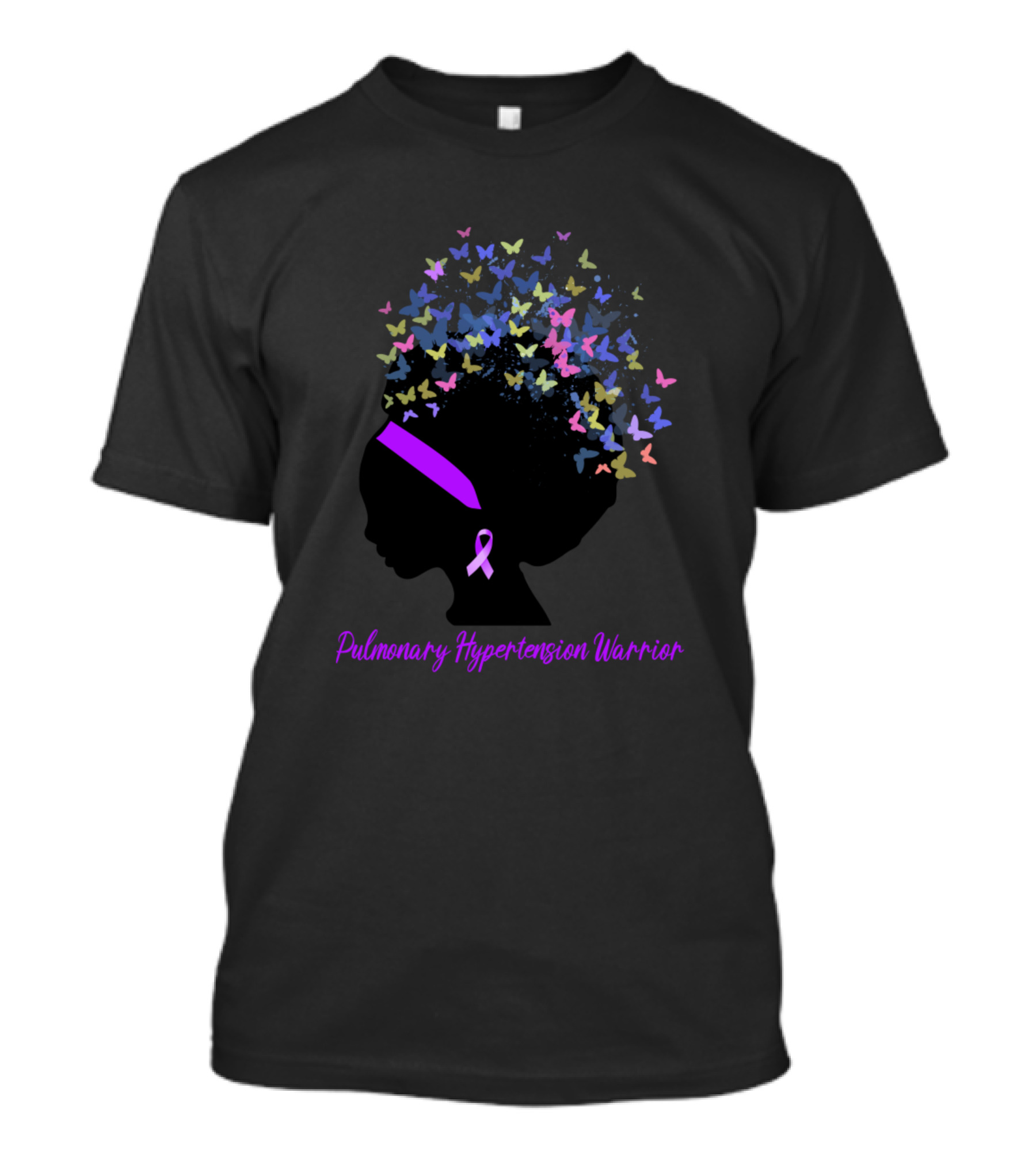 Pulmonary Hypertension Warrior Afro Silhouette With Colorful Butterflies And Purple T-Shirt