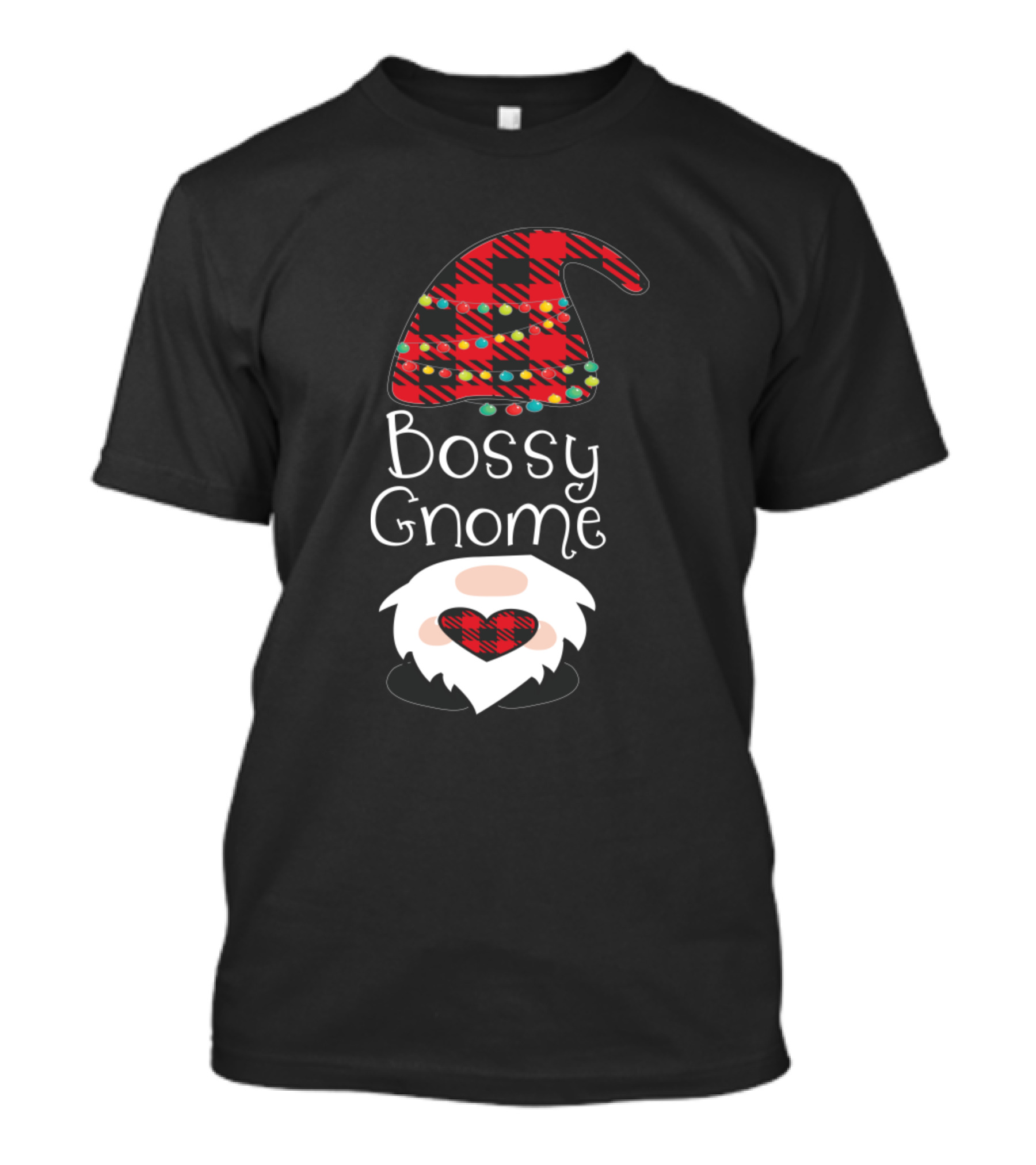 Bossy Gnome Christmas Red Plaid Heart Bearded Hat T-Shirt