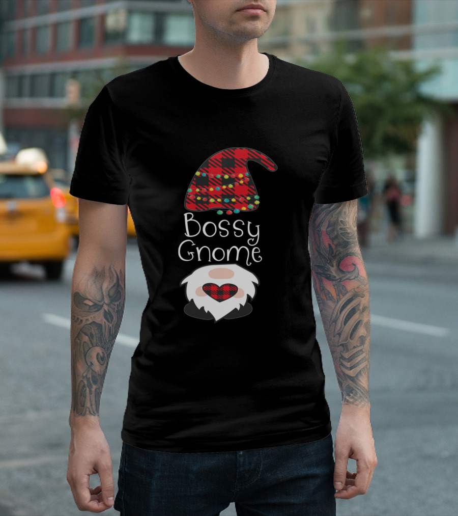 Bossy Gnome Christmas Red Plaid Heart Bearded Hat T-Shirt