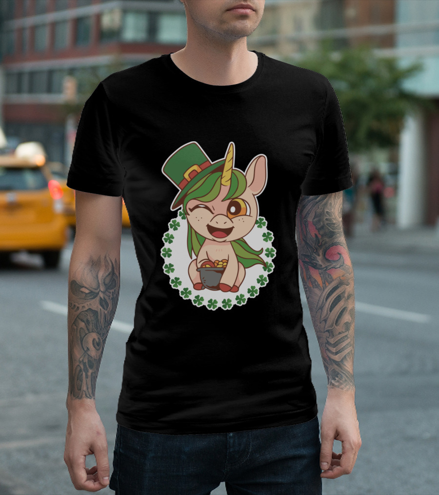 Lucky Unicorn St. Patrick's Day Shamrocks Hat Pot Of Gold T-Shirt