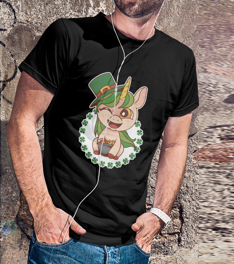 Lucky Unicorn St. Patrick's Day Shamrocks Hat Pot Of Gold T-Shirt