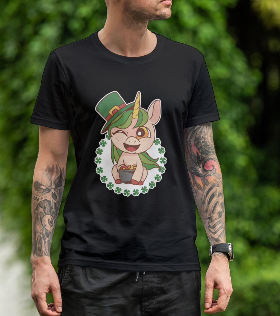 Lucky Unicorn St. Patrick's Day Shamrocks Hat Pot Of Gold T-Shirt