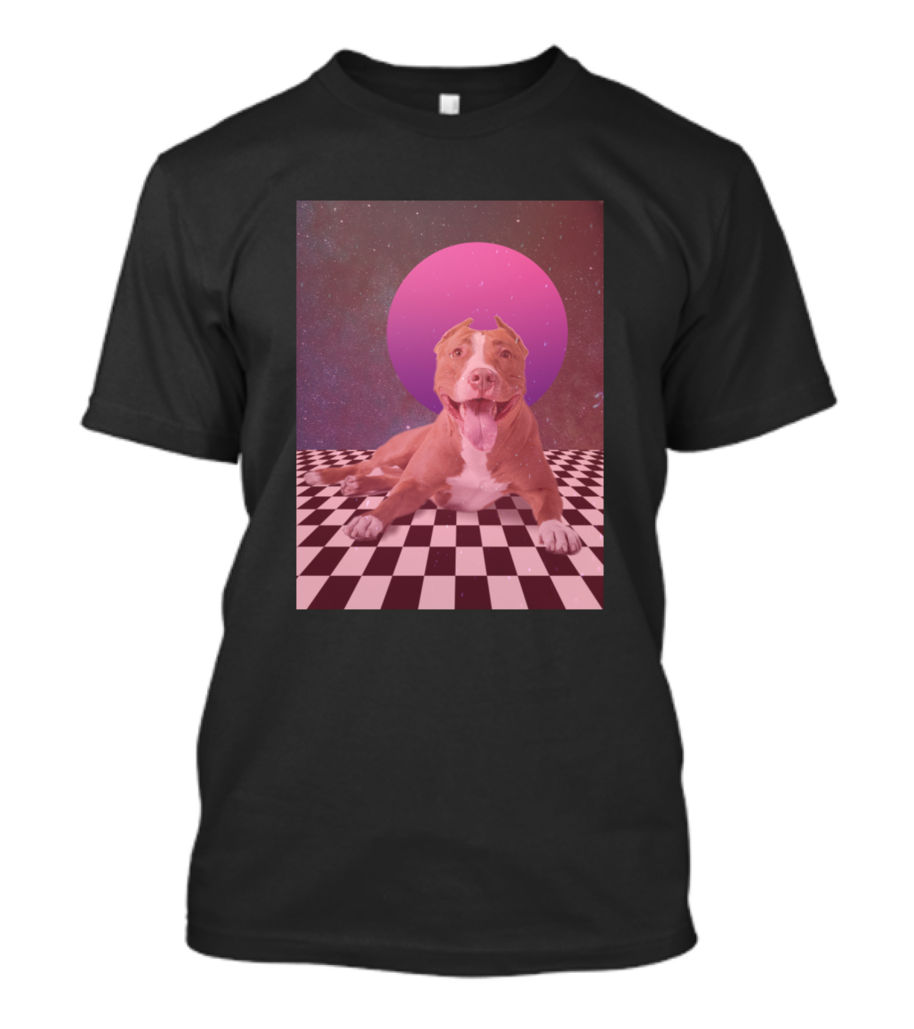 Retro Pitbull Vaporwave Aesthetic Checkerboard Galaxy Retro Sun T-Shirt