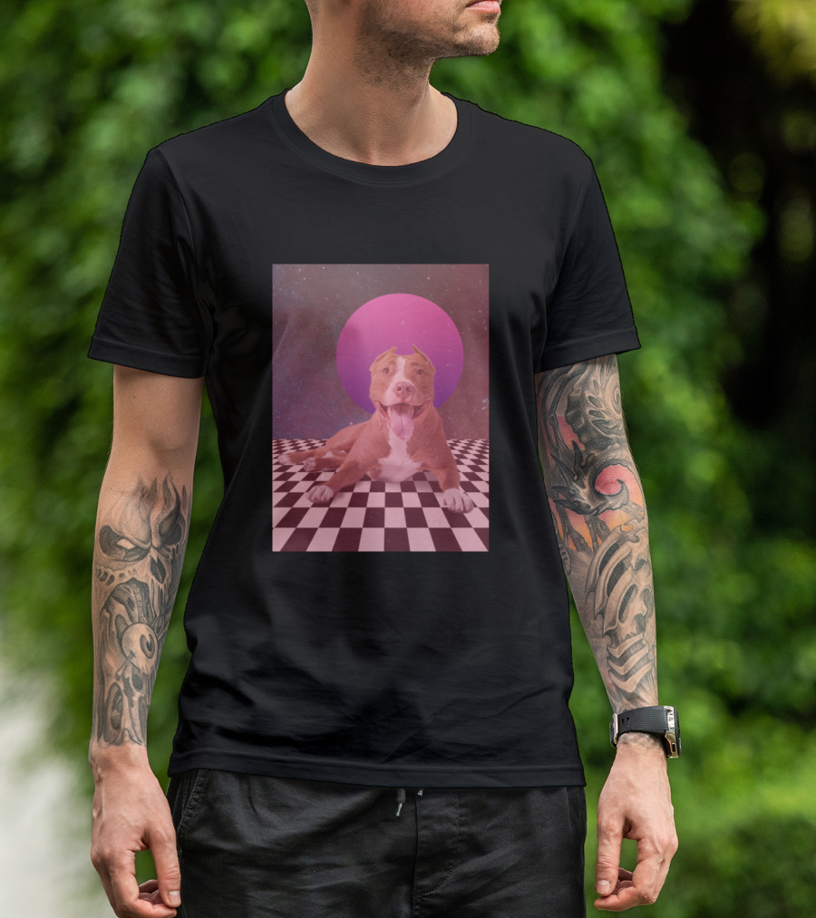 Retro Pitbull Vaporwave Aesthetic Checkerboard Galaxy Retro Sun T-Shirt