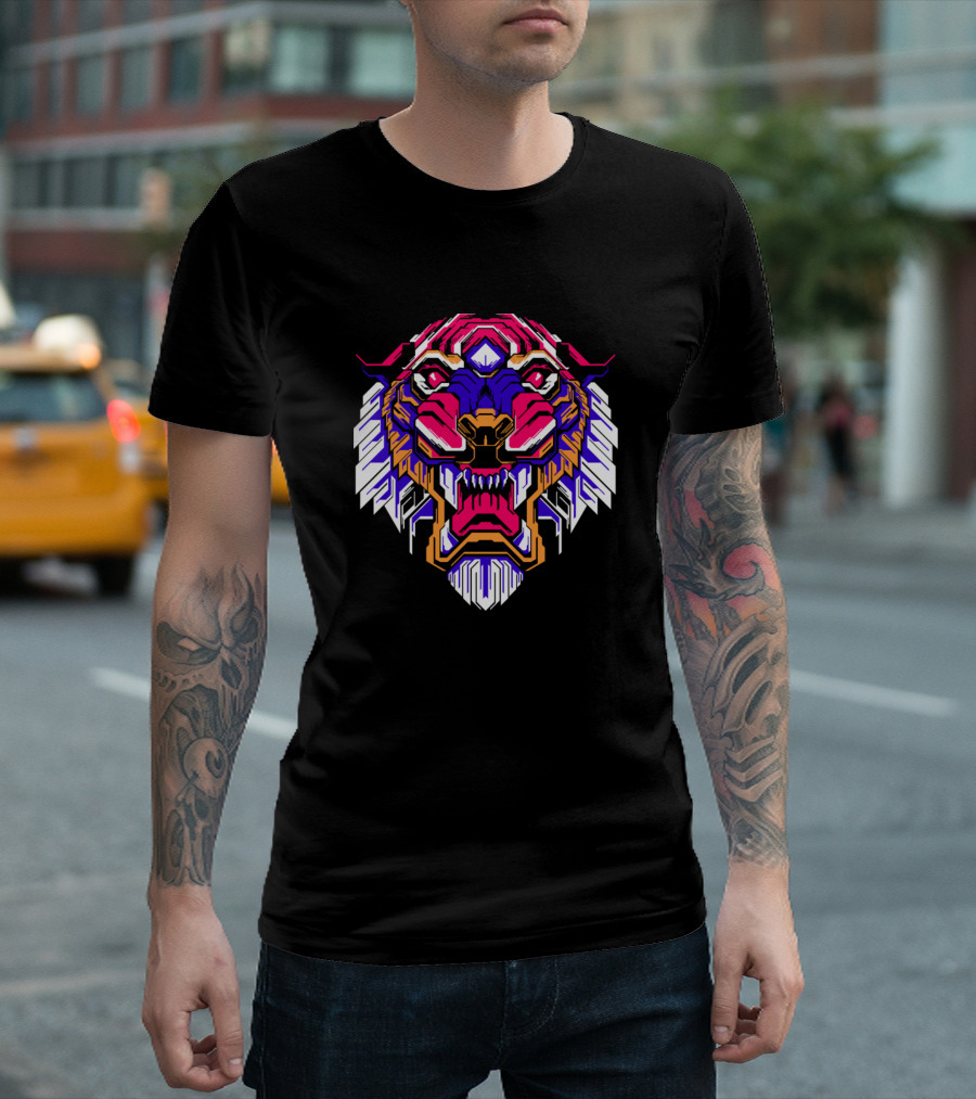 The Tiger Backprint Vibrant Geometric Face T-Shirt