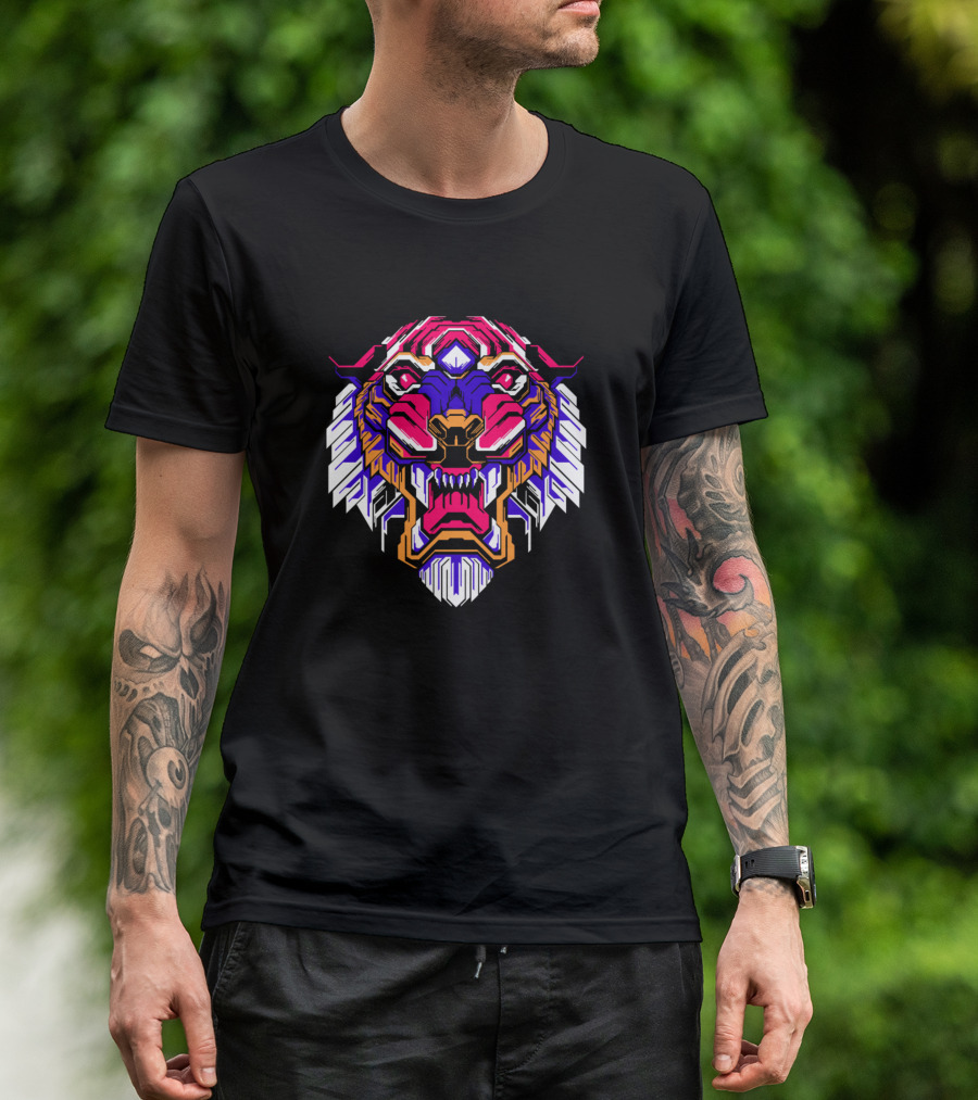 The Tiger Backprint Vibrant Geometric Face T-Shirt