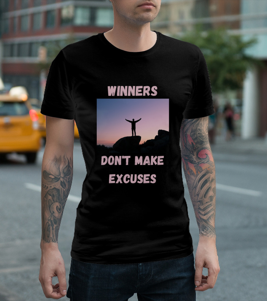 Winners Don't Make Excuses Silhouette on Rocks at Sunset T-Shirt