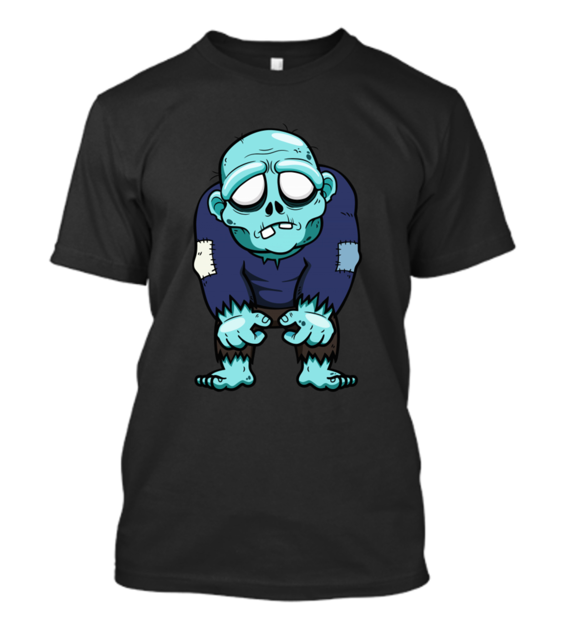Zombie Creepy Blue Cartoon Character With Patches T-Shirt
